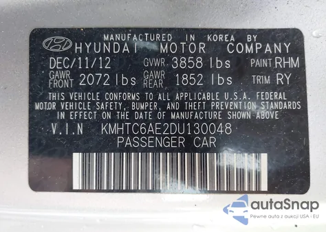 2013 Hyundai Veloster Turbo W/Blue z USA, uszkodzony, nr VIN KMHTC6AE2DU130048